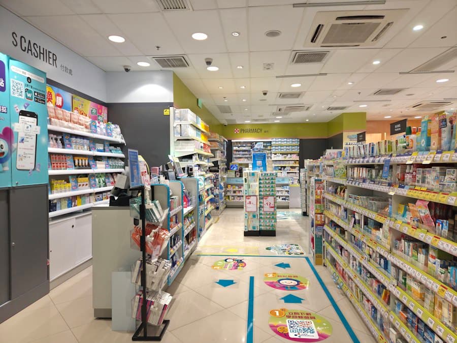 Brightly lit pharmacy aisle with stocked shelves