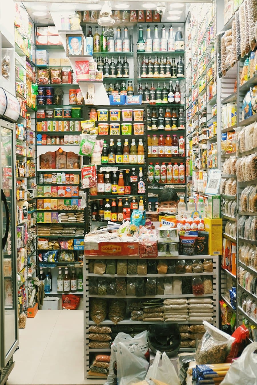 Supermarket shelves stocked with packaged foods